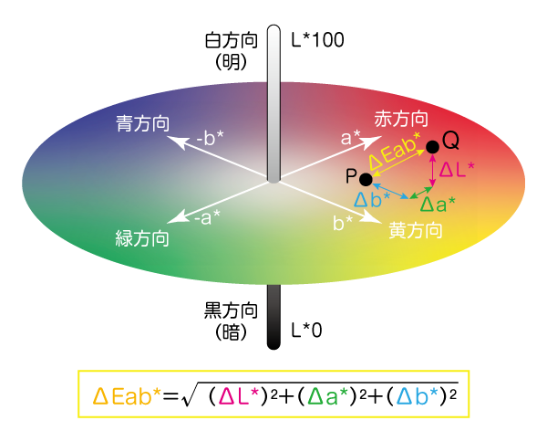 L*a*b*表色系の色空間の模式図です。明るさを表す縦軸と、緑〜赤方向の横軸と、それに垂直に交わる青〜黄方向の横軸から成ります。2点の色の差は、その3方向の距離を比較して計算します。